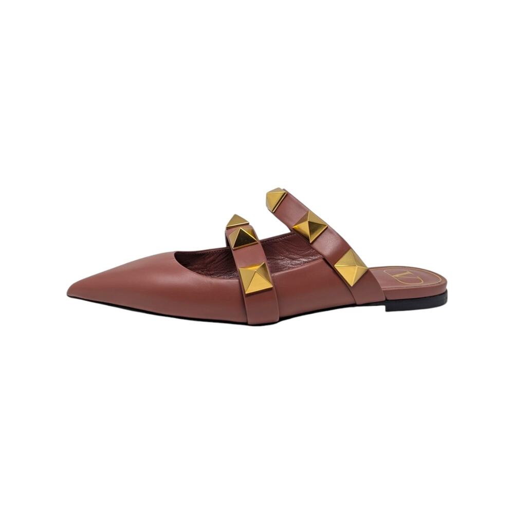 Valentino Garavani Roman Stud Pointed Toe Flat Mule Pink Gold Brown 38 | 7.5